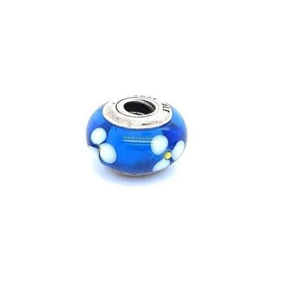 Pandor Blue Murano Glass White Flower Charm - Picture 1 of 3